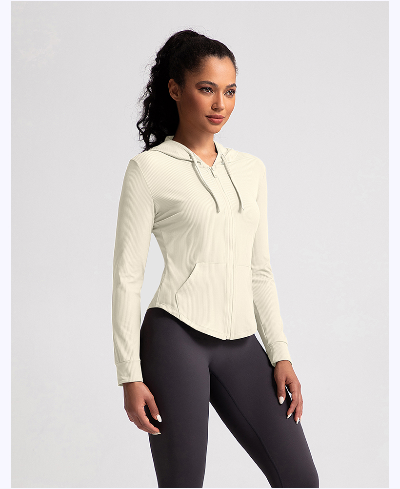 Women's Ribbed Hooded Zip - Up Jacket - Light Khaki Athletic Wear for Yoga, Gym