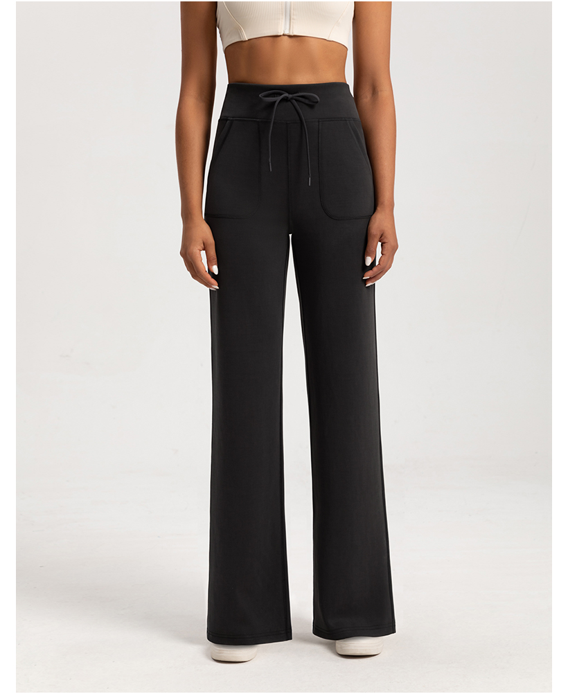 Women's High - Waisted Cream Wide - Leg Pants with Drawstring & Pockets