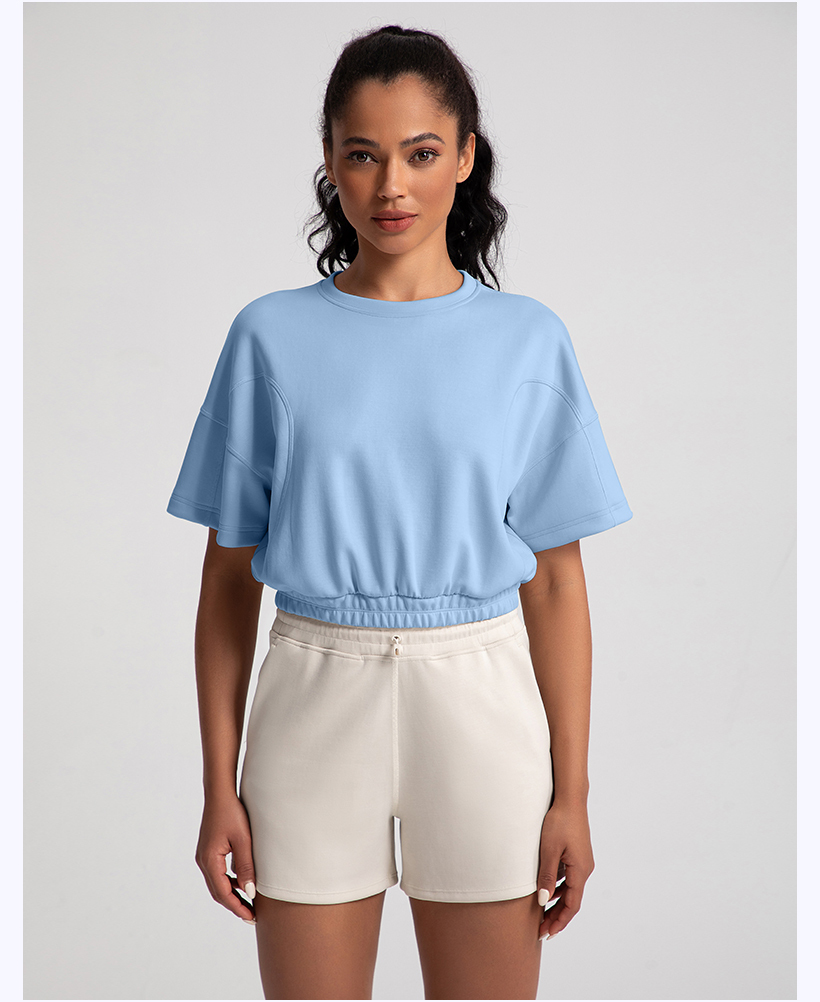 Women's Brown Cropped Short - Sleeve Top with Elastic Hem and Black Shorts Set（