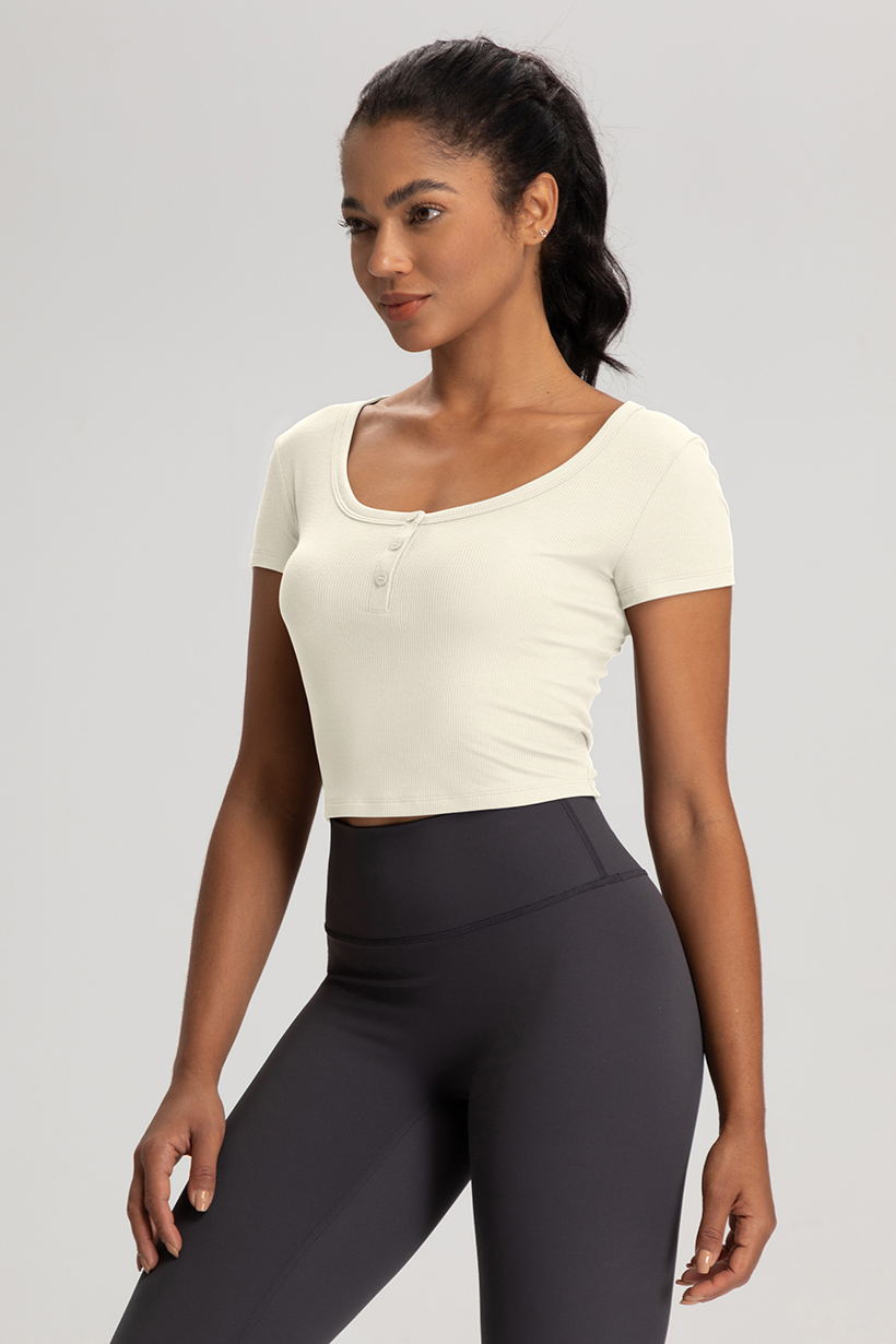 Women's Ribbed Crop Top - Square Neck Short Sleeve Button-Down Workout Shirt