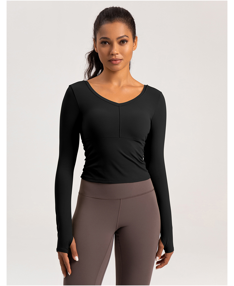 Women's Khaki V - Neck Long - Sleeve Cropped Workout Top, Athletic Yoga Shirt