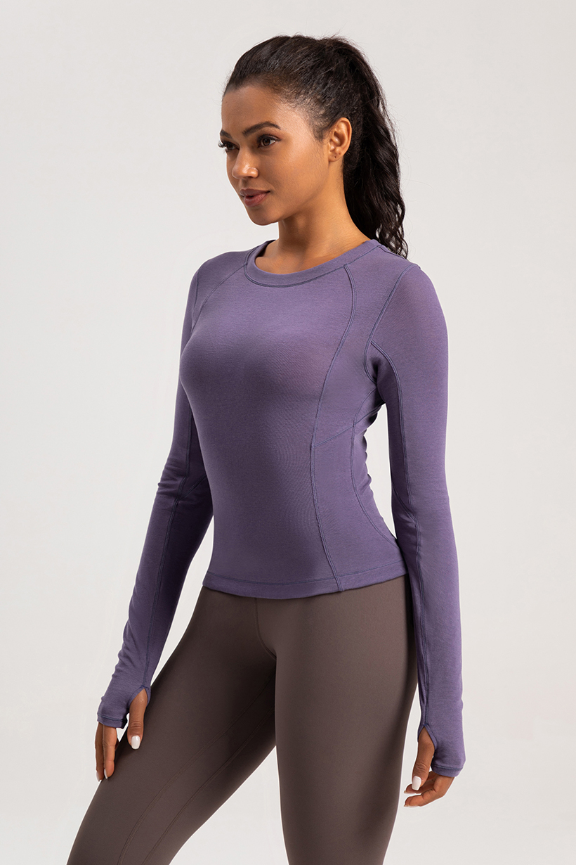 Women's Purple Crew Neck Long - Sleeve Slim Fit Workout Top, Athletic Yoga Shirt