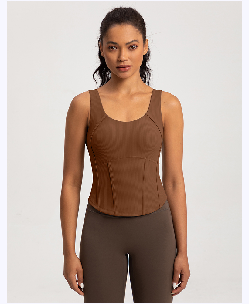 Women's Ribbed Corset - Style Workout Tank Top, Khaki Athletic Vest for Yoga & Fitness