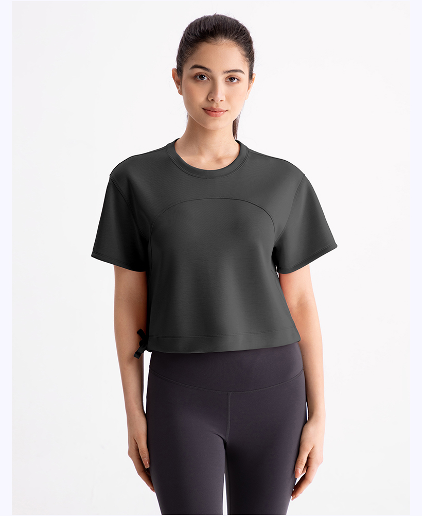 Women's Pink Cropped Short - Sleeve Top, Crew Neck Yoga & Lounge Shirt