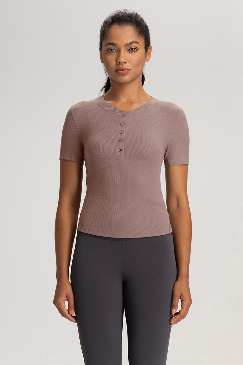 Women's White Ribbed Short - Sleeve Henley Top, Slim - Fit Yoga & Workout Shirt