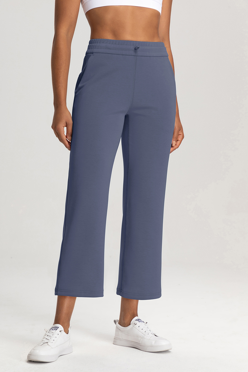 Women's High - Waisted Dark Gray Wide - Leg Cropped Pants with Drawstring