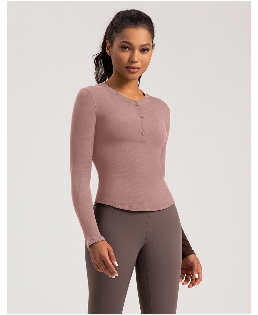 Women's White Ribbed Henley Neck Long - Sleeve Crop Top, Athletic Workout Shirt