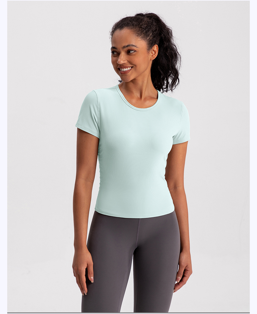 Women's Ribbed Short Sleeve Workout Top - Fuchsia Athletic Yoga Shirt for Gym & Training