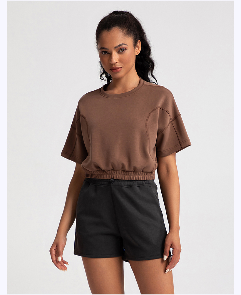Women's Brown Cropped Short - Sleeve Top with Elastic Hem and Black Shorts Set（