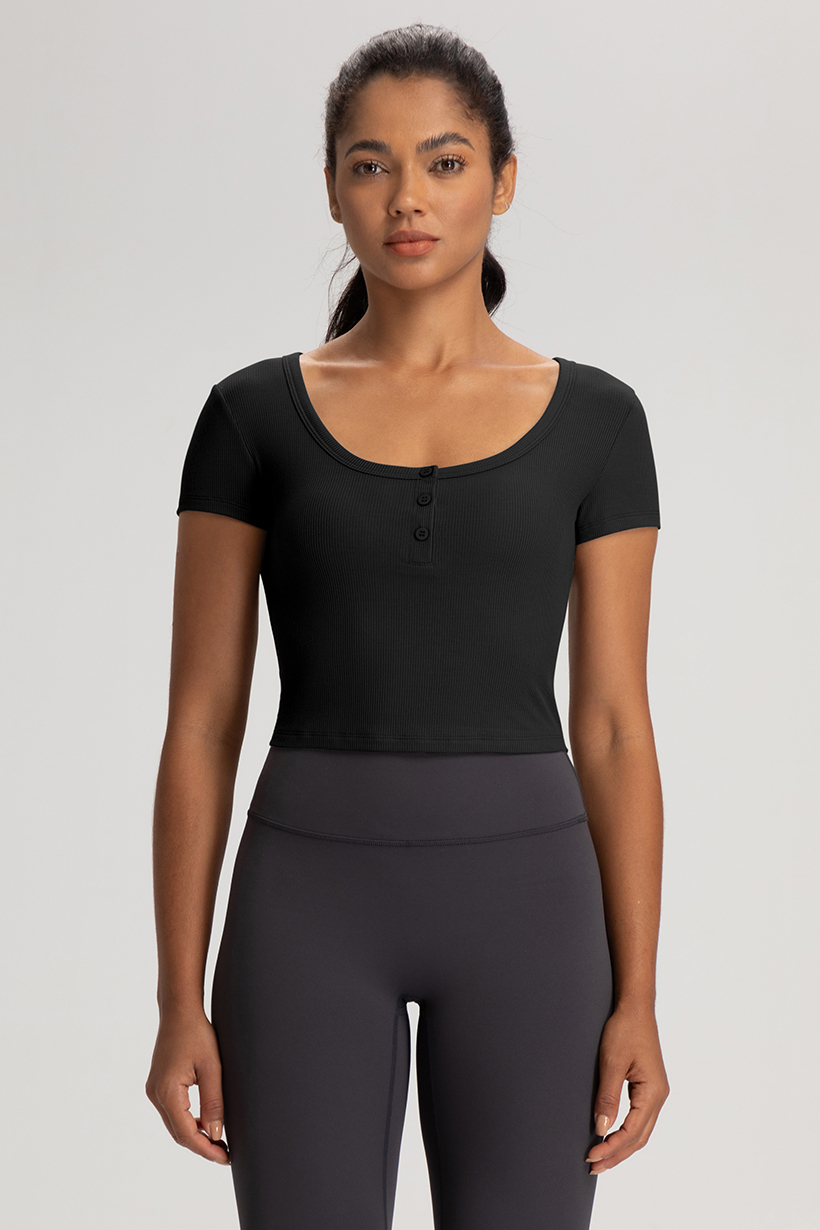 Women's Ribbed Crop Top - Square Neck Short Sleeve Button-Down Workout Shirt