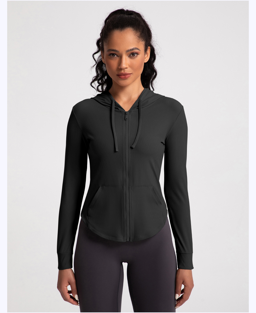 Women's Ribbed Hooded Zip - Up Jacket - Light Khaki Athletic Wear for Yoga, Gym