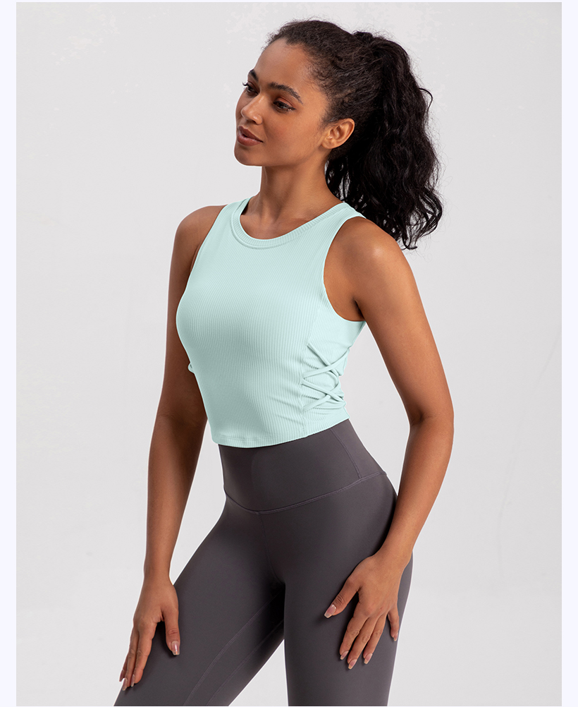 Women's Beige Ribbed Tank Top with Side Cinching, Yoga & Workout