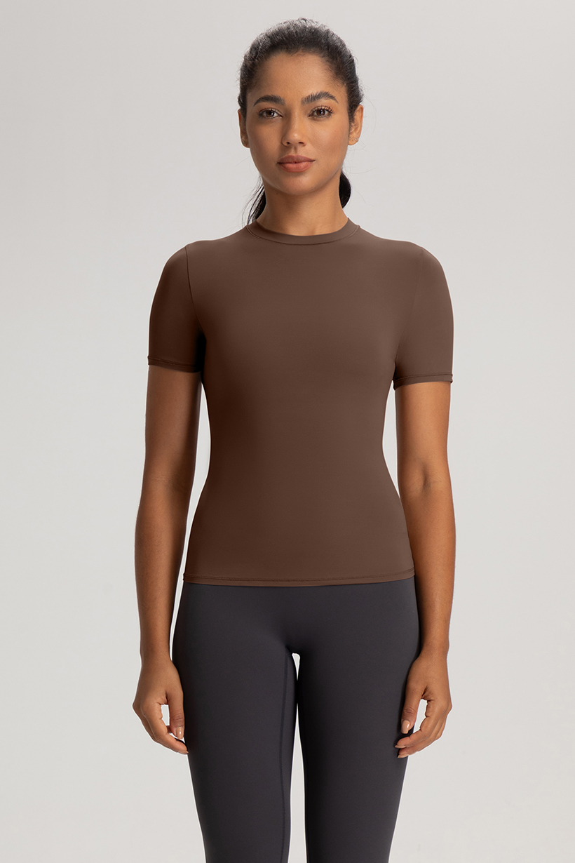Women's Taupe Short - Sleeve Stretch Workout Top, Athletic & Yoga Shirt