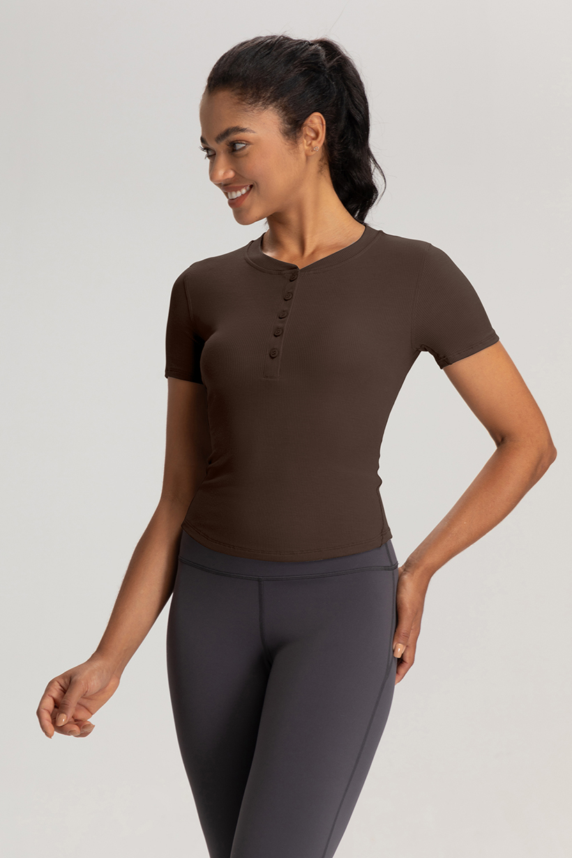 Women's White Ribbed Short - Sleeve Henley Top, Slim - Fit Yoga & Workout Shirt