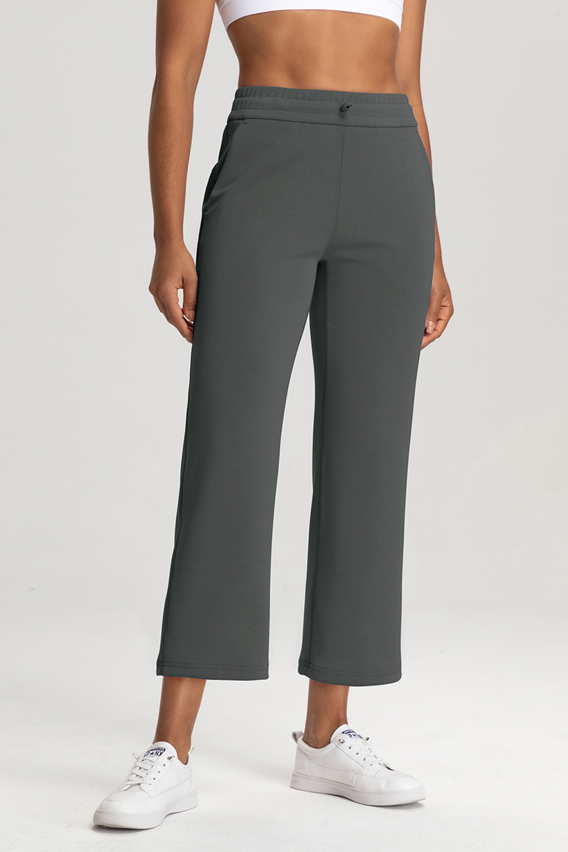Women's High - Waisted Dark Gray Wide - Leg Cropped Pants with Drawstring