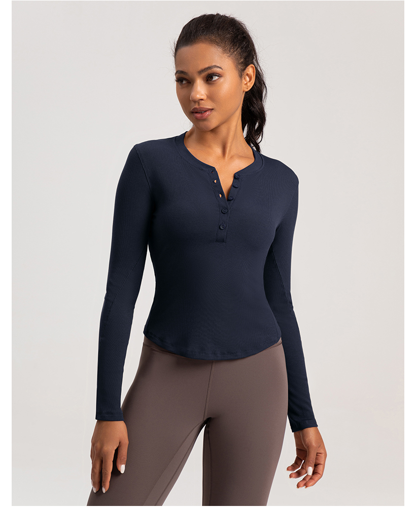 Women's White Ribbed Henley Neck Long - Sleeve Crop Top, Athletic Workout Shirt