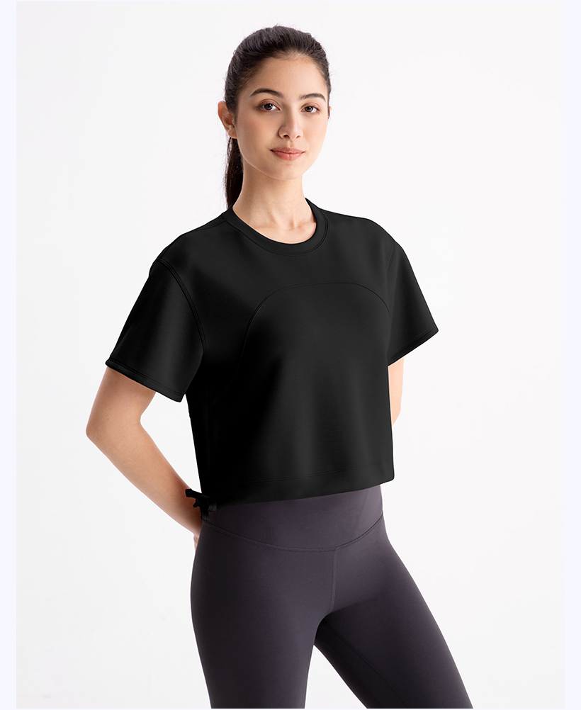 Women's Pink Cropped Short - Sleeve Top, Crew Neck Yoga & Lounge Shirt