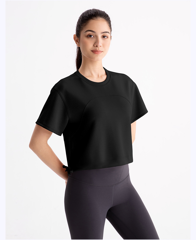 Women's Pink Cropped Short - Sleeve Top, Crew Neck Yoga & Lounge Shirt