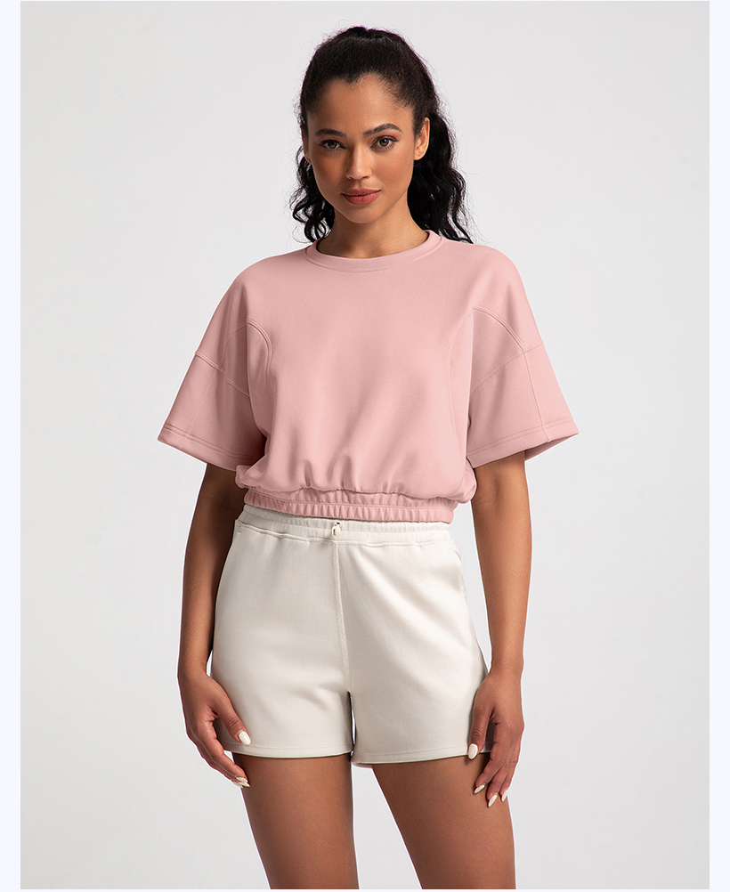 Women's Brown Cropped Short - Sleeve Top with Elastic Hem and Black Shorts Set（