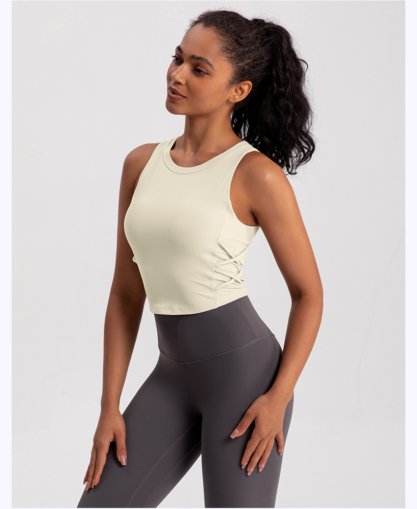 Women's Beige Ribbed Tank Top with Side Cinching, Yoga & Workout