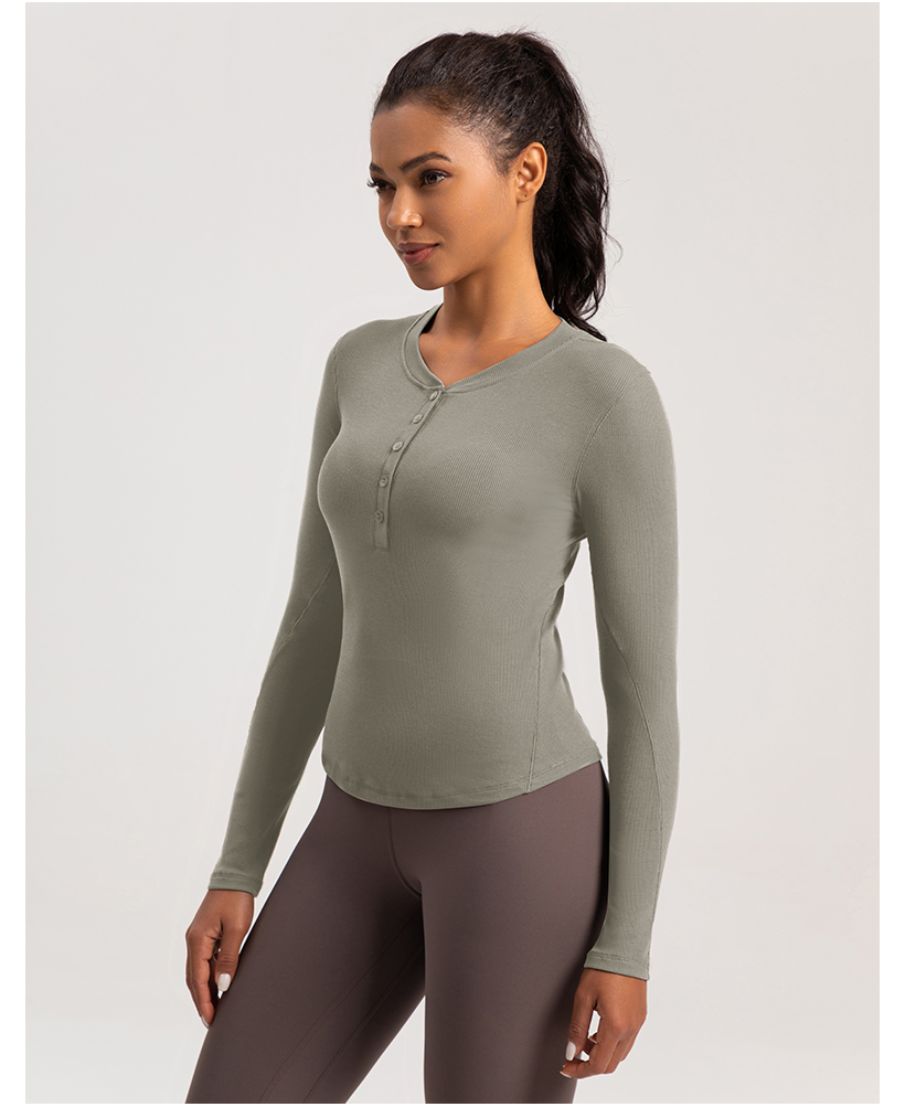 Women's White Ribbed Henley Neck Long - Sleeve Crop Top, Athletic Workout Shirt