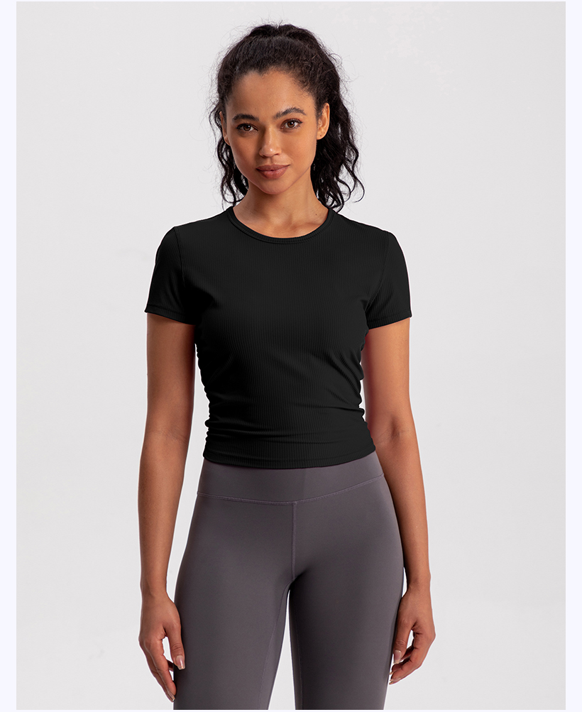 Women's Ribbed Short Sleeve Workout Top - Fuchsia Athletic Yoga Shirt for Gym & Training