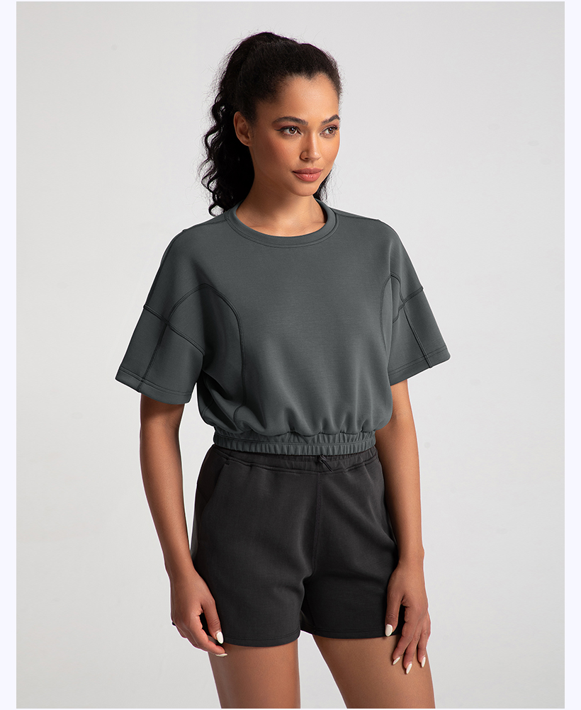Women's Brown Cropped Short - Sleeve Top with Elastic Hem and Black Shorts Set（