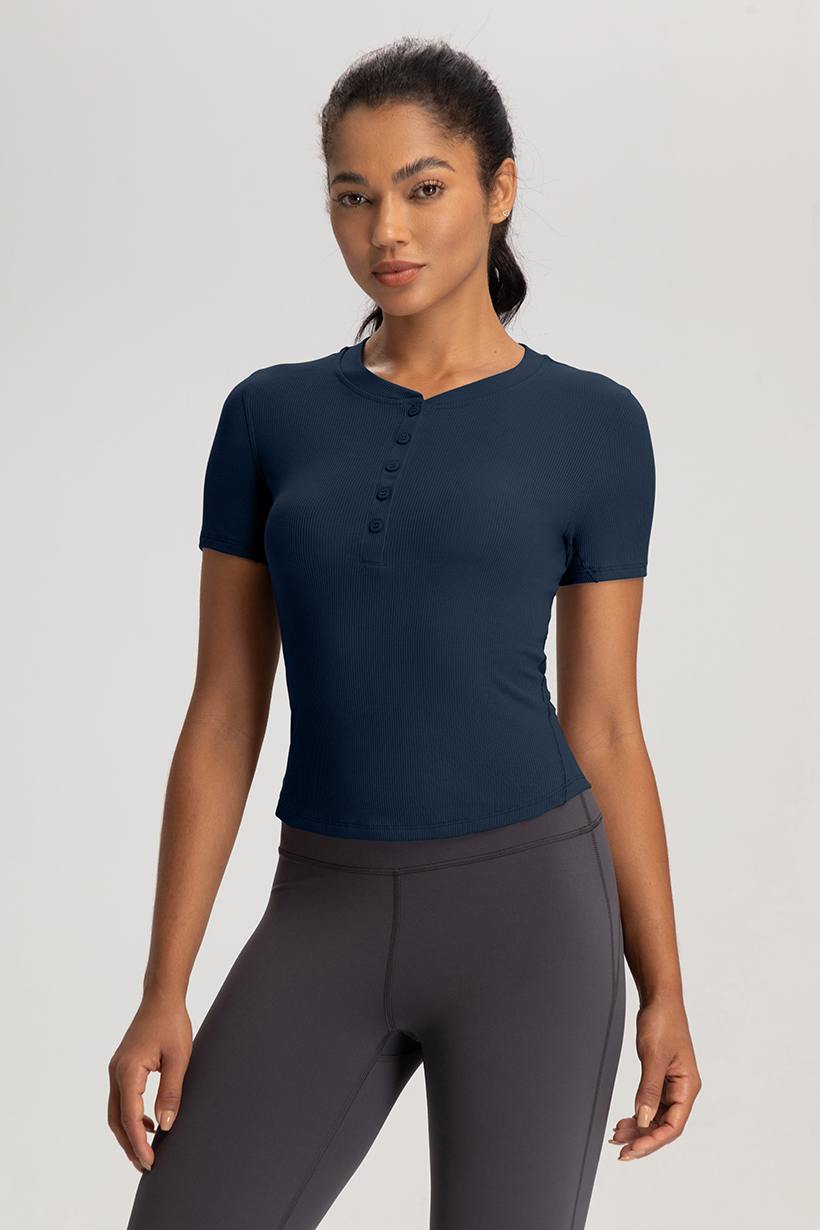 Women's White Ribbed Short - Sleeve Henley Top, Slim - Fit Yoga & Workout Shirt