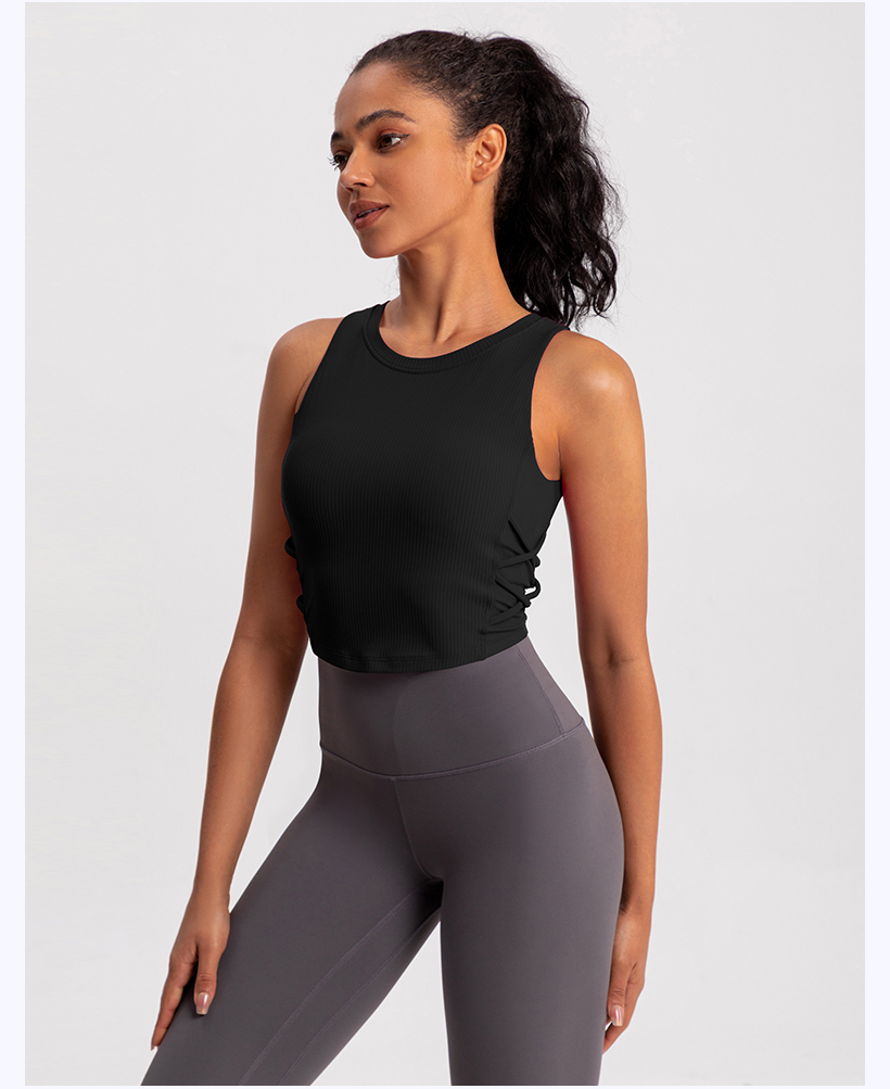 Women's Beige Ribbed Tank Top with Side Cinching, Yoga & Workout