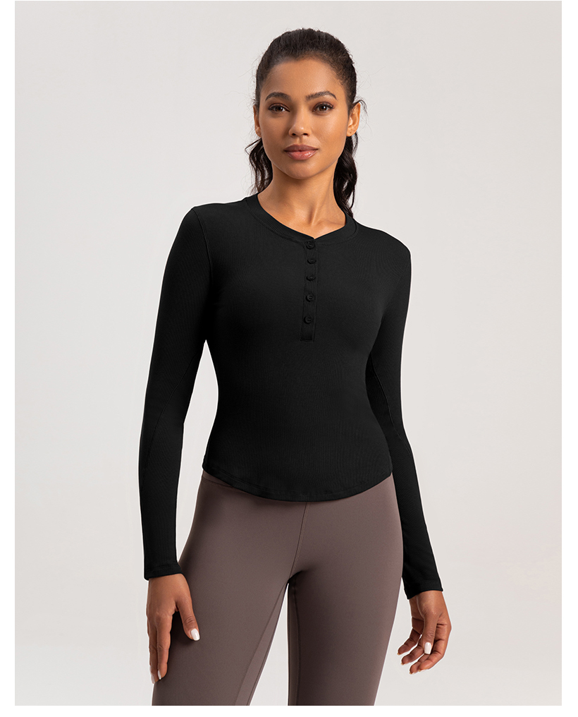 Women's White Ribbed Henley Neck Long - Sleeve Crop Top, Athletic Workout Shirt