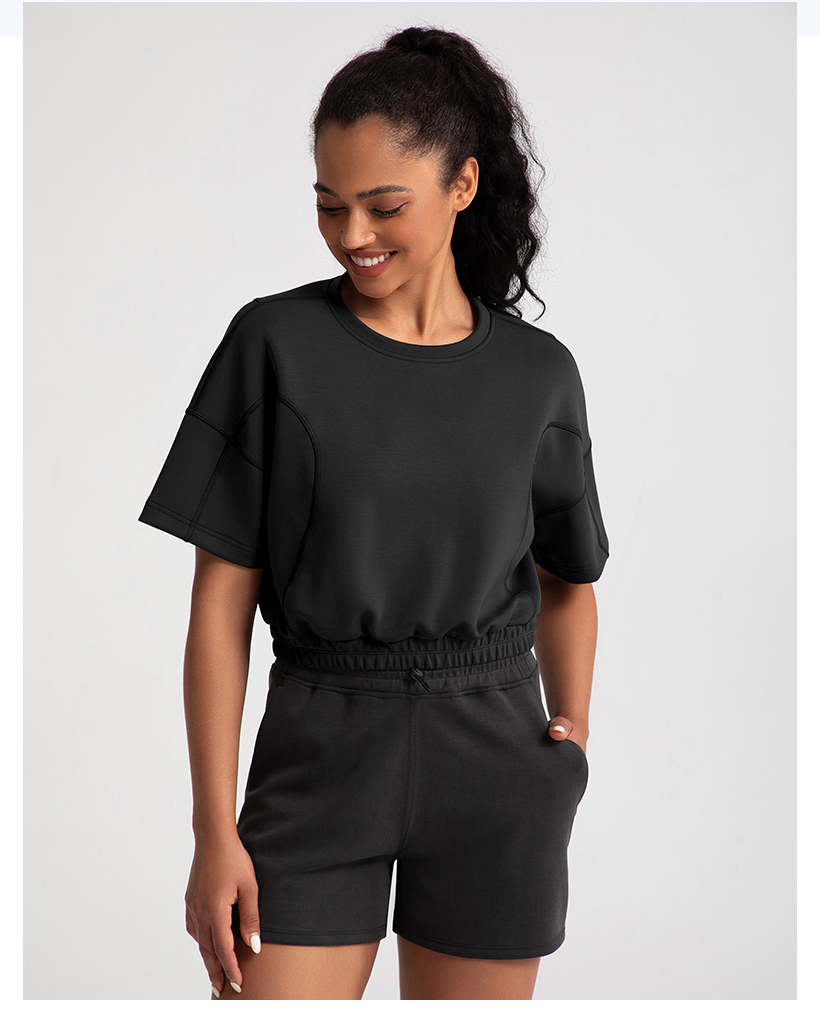 Women's Brown Cropped Short - Sleeve Top with Elastic Hem and Black Shorts Set（