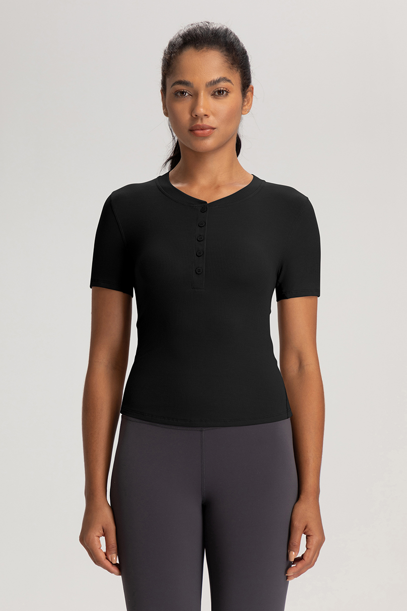 Women's White Ribbed Short - Sleeve Henley Top, Slim - Fit Yoga & Workout Shirt