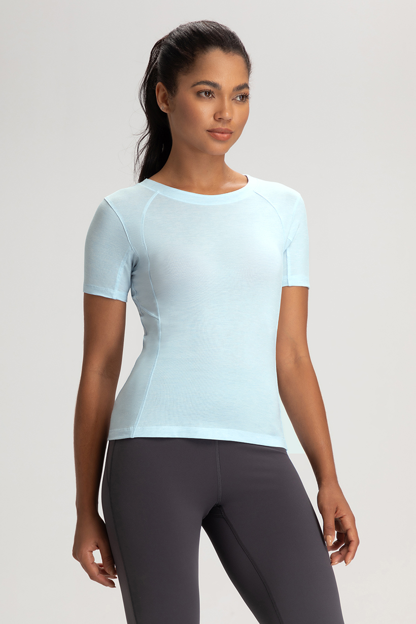 Women's Light Blue Short - Sleeve Athletic Top, Yoga & Workout Shirt