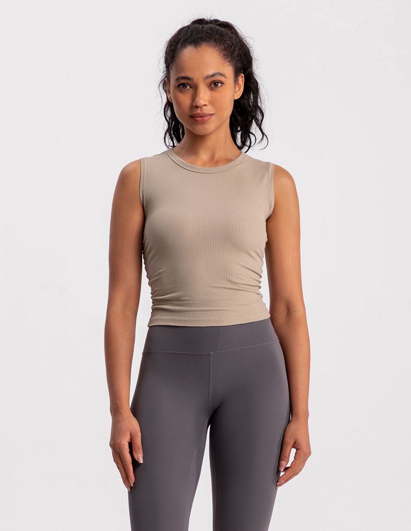 Women's Ribbed Sleeveless Crop Top - Khaki Athletic Tank for Yoga, Gym & Everyday Wear