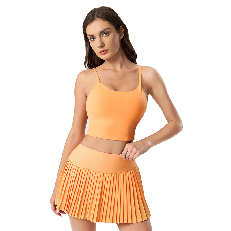 Orange Activewear Set for Women - Crop Tank Top and Pleated Skirt, Ideal for Tennis, Golf, and Everyday Wear