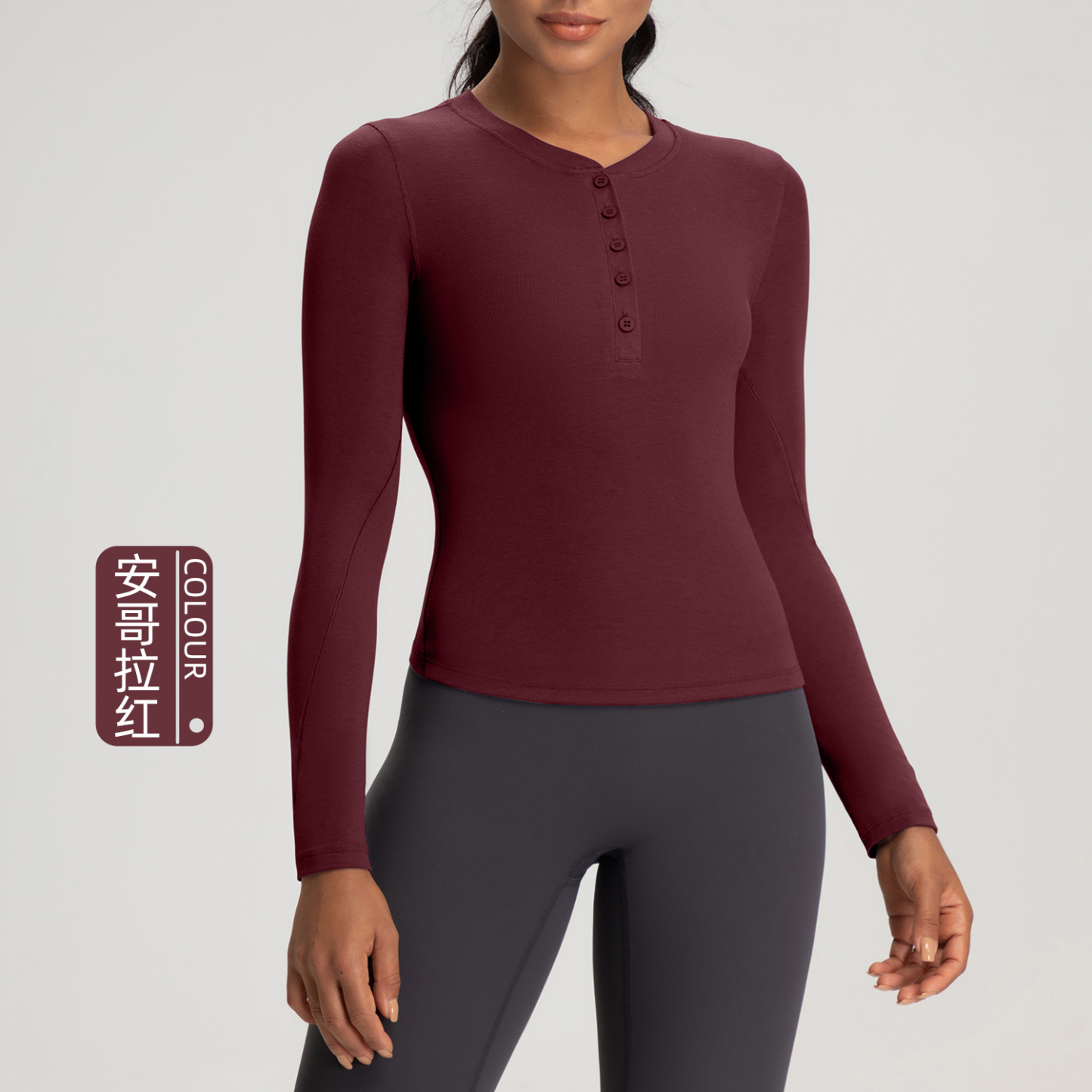 Women's Long - Sleeve Henley Neck Yoga Top, Slim Fit Athletic Workout Shirt