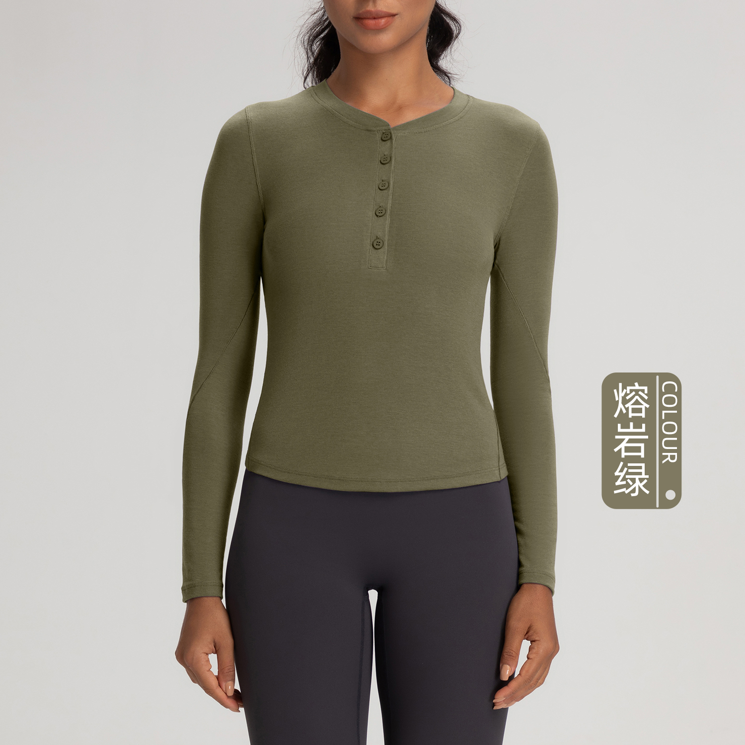 Women's Long - Sleeve Henley Neck Yoga Top, Slim Fit Athletic Workout Shirt