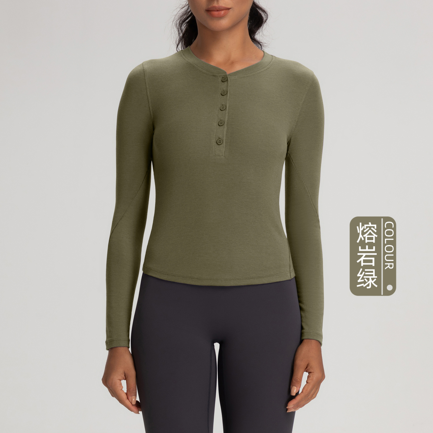 Women's Long - Sleeve Henley Neck Yoga Top, Slim Fit Athletic Workout Shirt