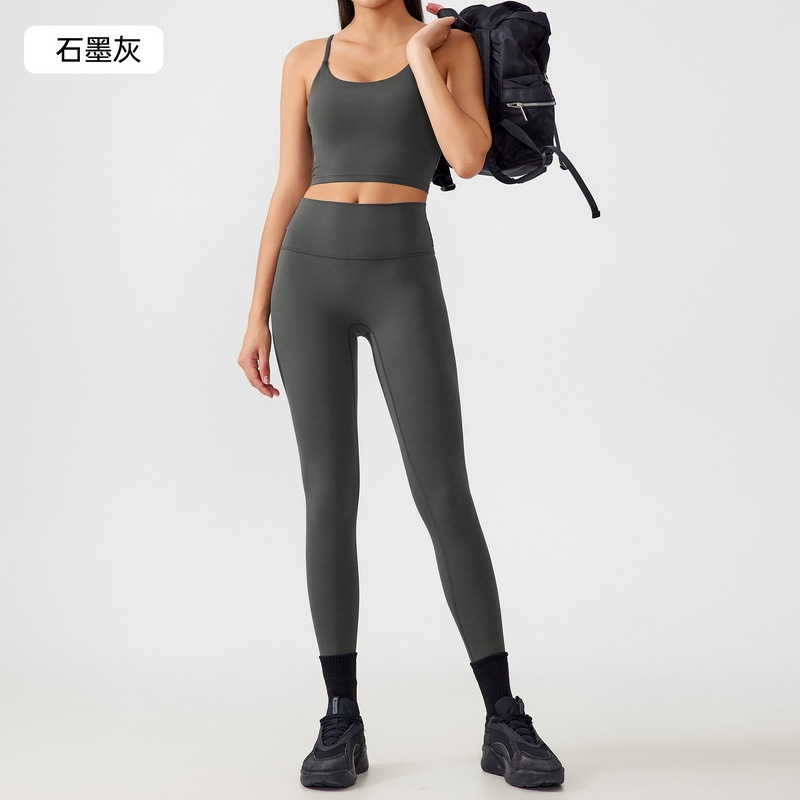 Women's Seamless Yoga Outfit Set - Spaghetti Strap Crop Top & High - Waisted Biker Shorts for Workout, Running, Fitness - Brown 