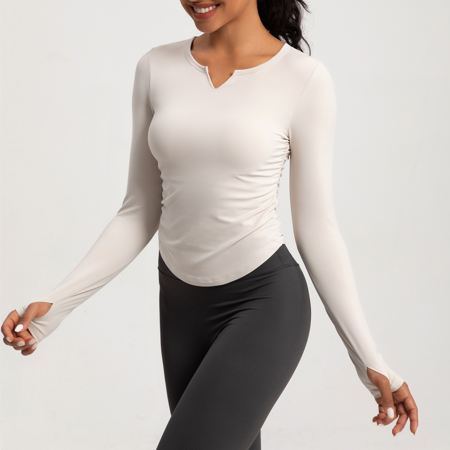 Women's Long - Sleeve V - Neck Ruched Yoga Top, Slim Fit Workout Shirt