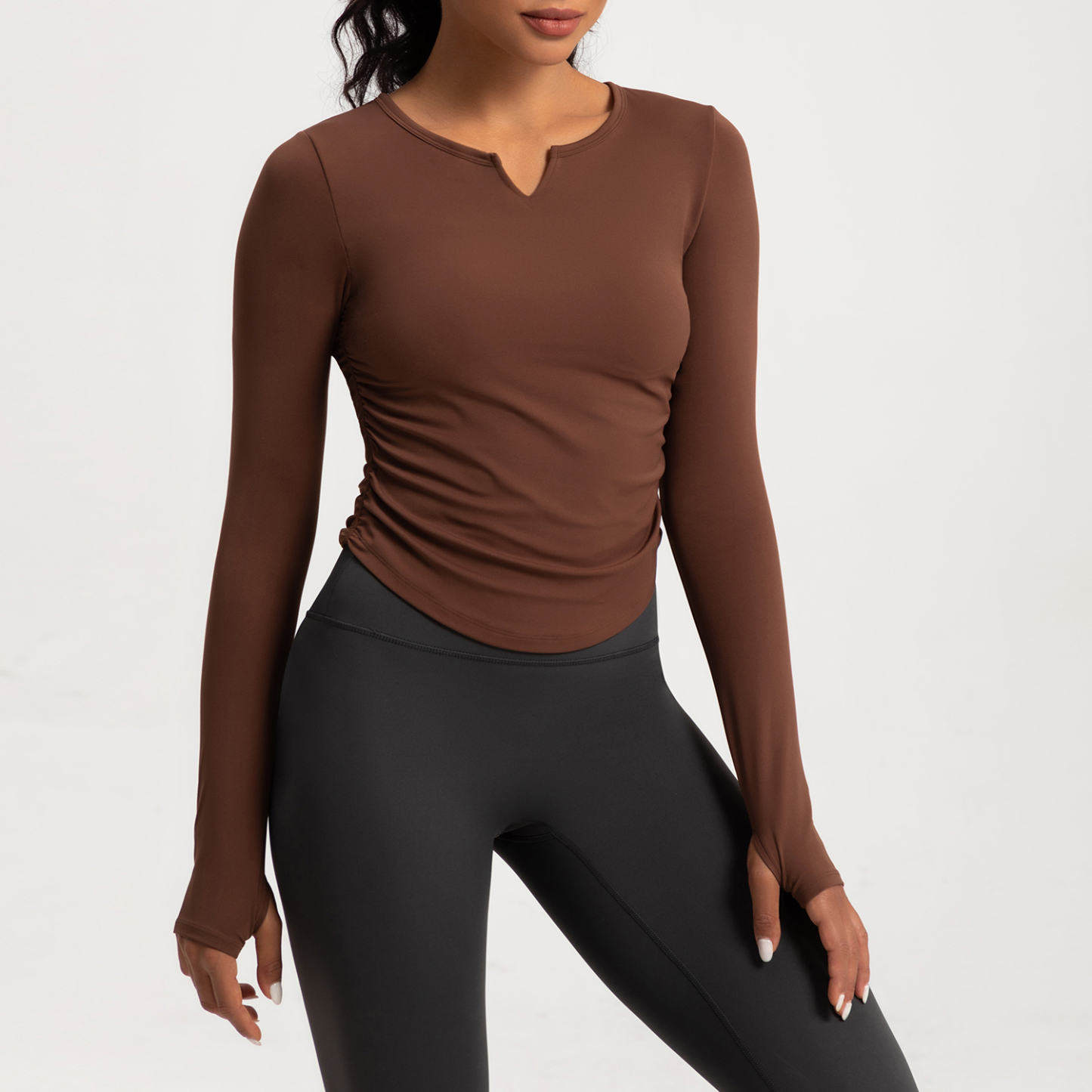 Women's Long - Sleeve V - Neck Ruched Yoga Top, Slim Fit Workout Shirt