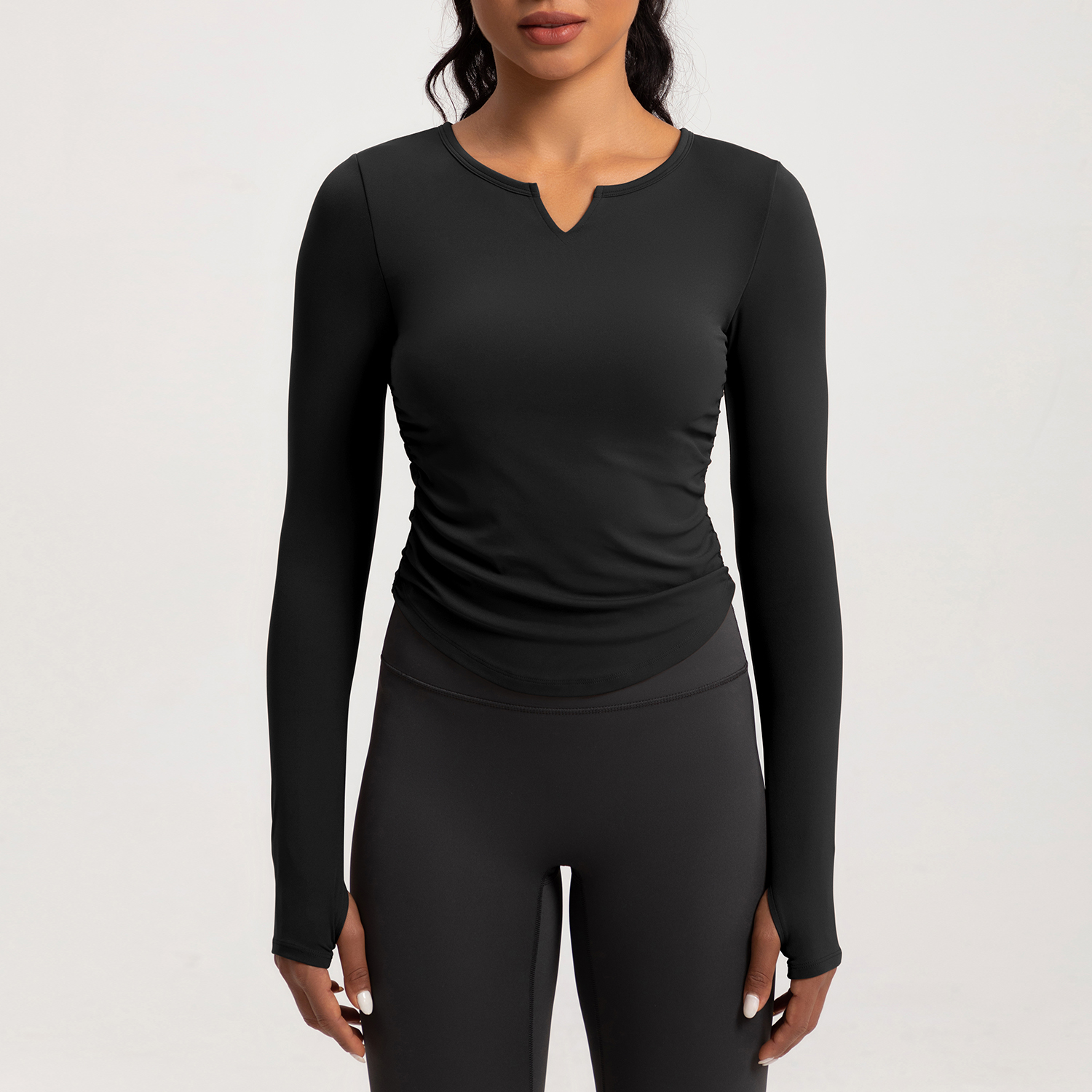 Women's Long - Sleeve V - Neck Ruched Yoga Top, Slim Fit Workout Shirt