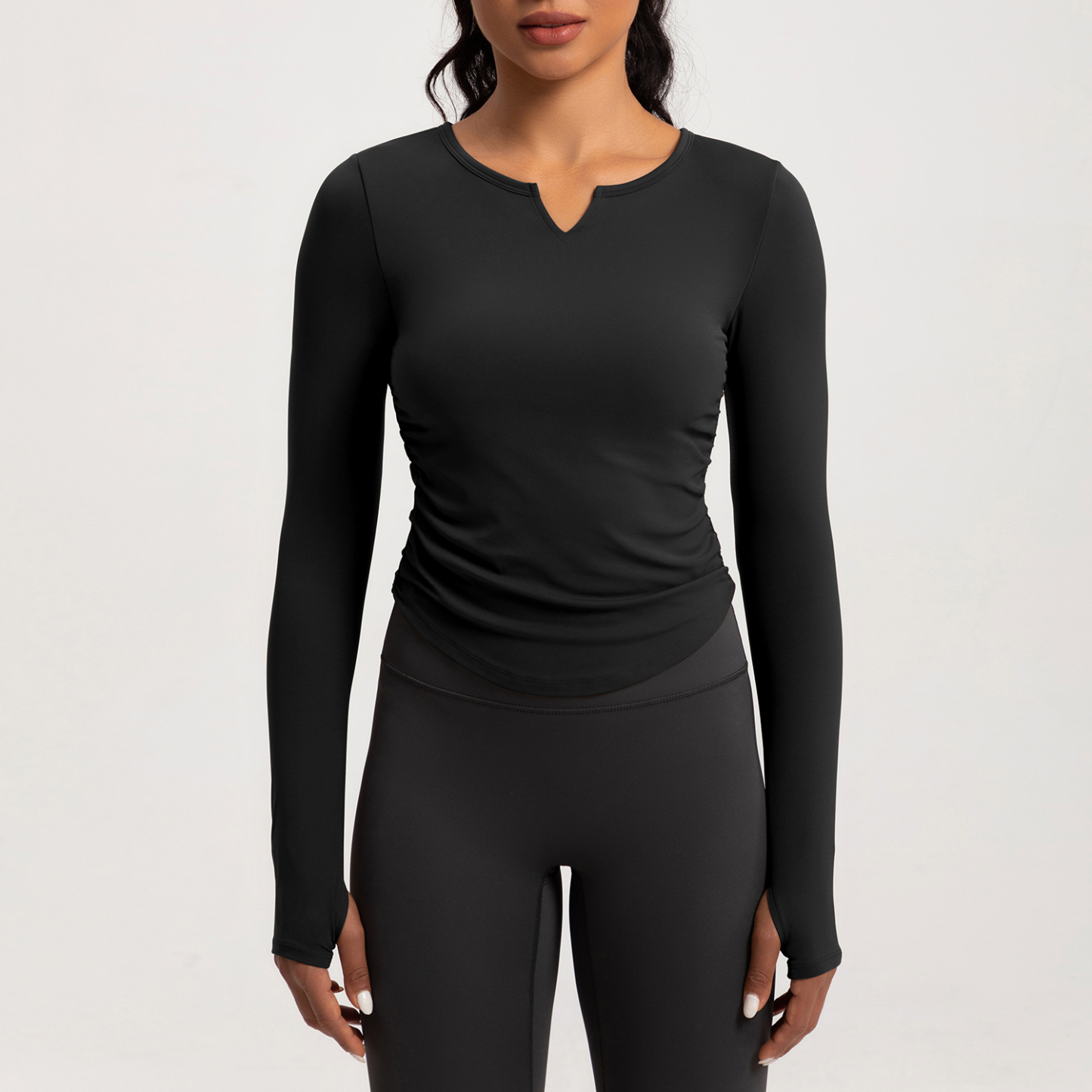 Women's Long - Sleeve V - Neck Ruched Yoga Top, Slim Fit Workout Shirt