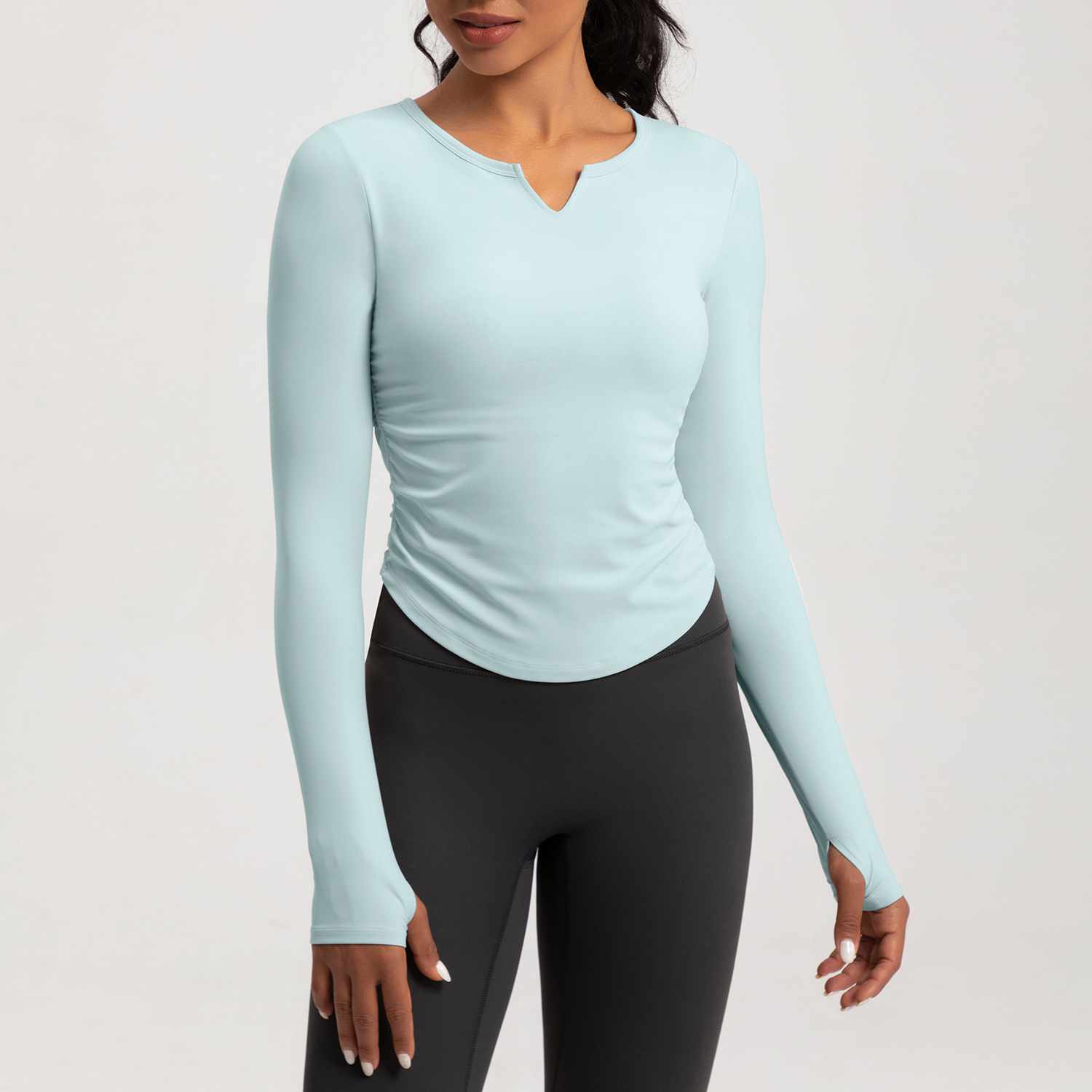 Women's Long - Sleeve V - Neck Ruched Yoga Top, Slim Fit Workout Shirt