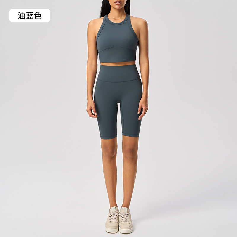 Women's Blue Crop Tank Top & Knee - Length Leggings Set, Workout & Yoga Outfit