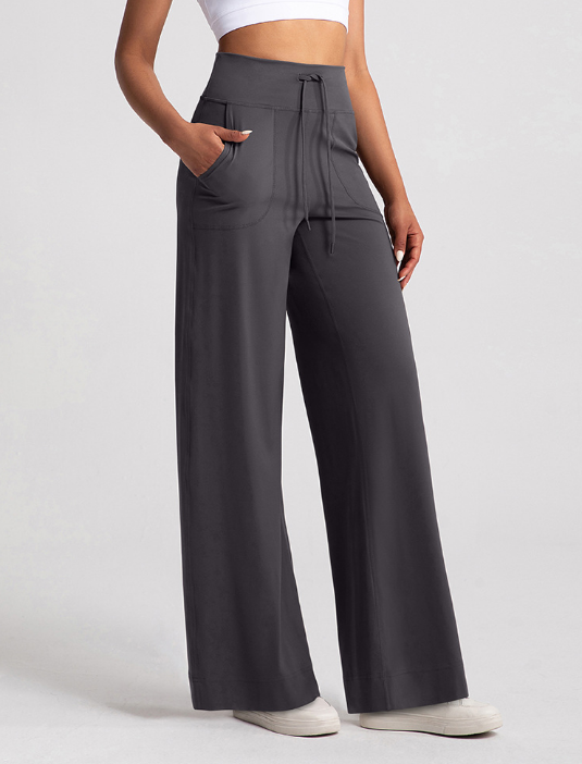 Women's Olive Green High - Waisted Wide - Leg Pants with Drawstring & Pockets