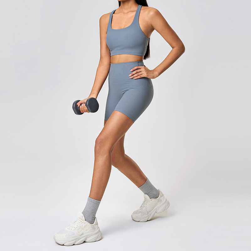 Women's Navy Blue Ribbed Sports Bra and Biker Shorts Set, Yoga & Workout