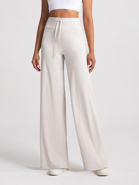 Women's Olive Green High - Waisted Wide - Leg Pants with Drawstring & Pockets