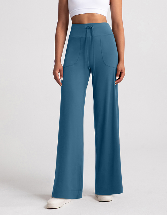 Women's Olive Green High - Waisted Wide - Leg Pants with Drawstring & Pockets