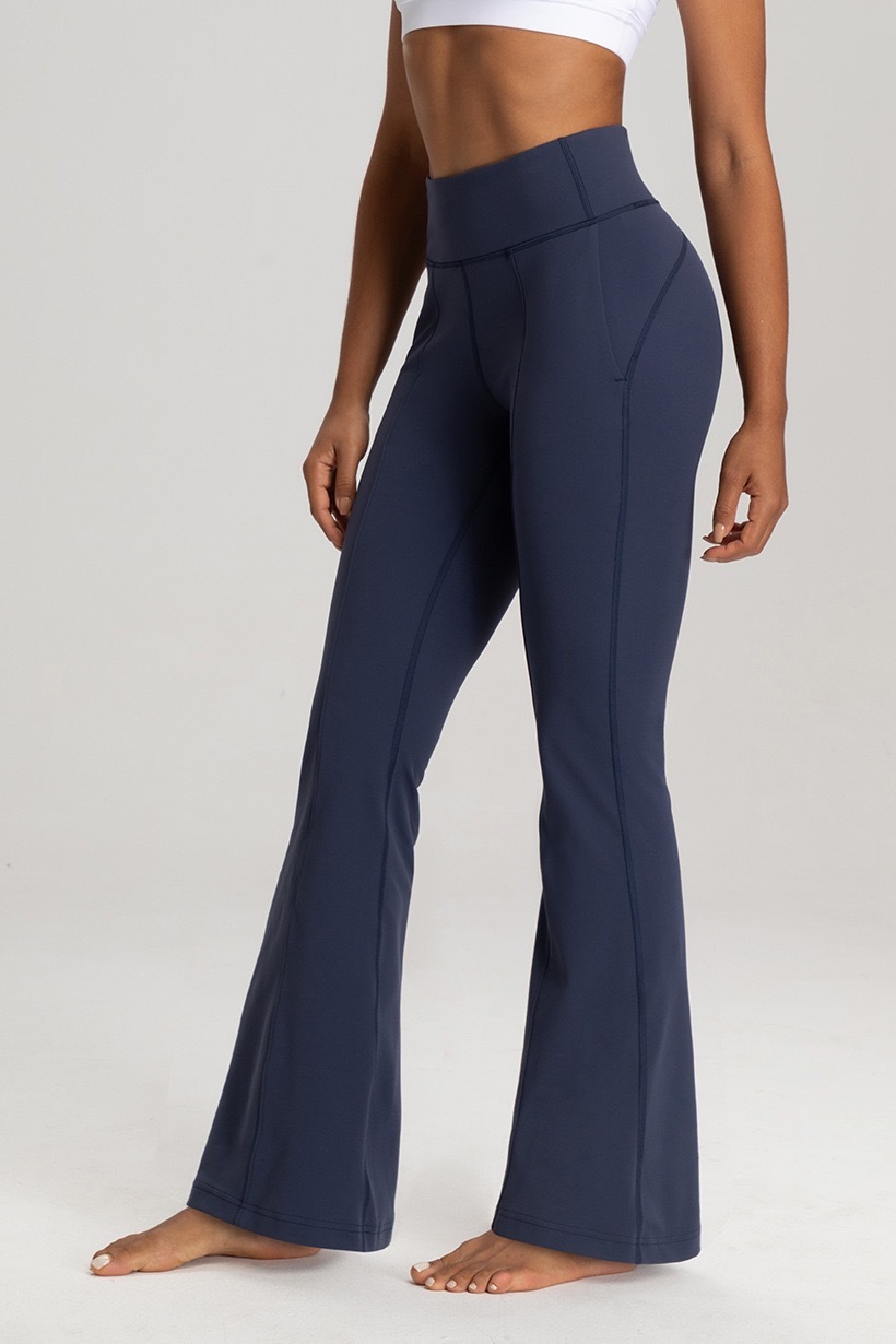 Women's High - Waisted Navy Blue Flare Yoga Pants with Pockets, Bootcut Leggings